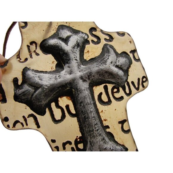 Hanging Religious Cross Christian Glass Ornament 5" Leather Hardware Collectible - Picture 10 of 11